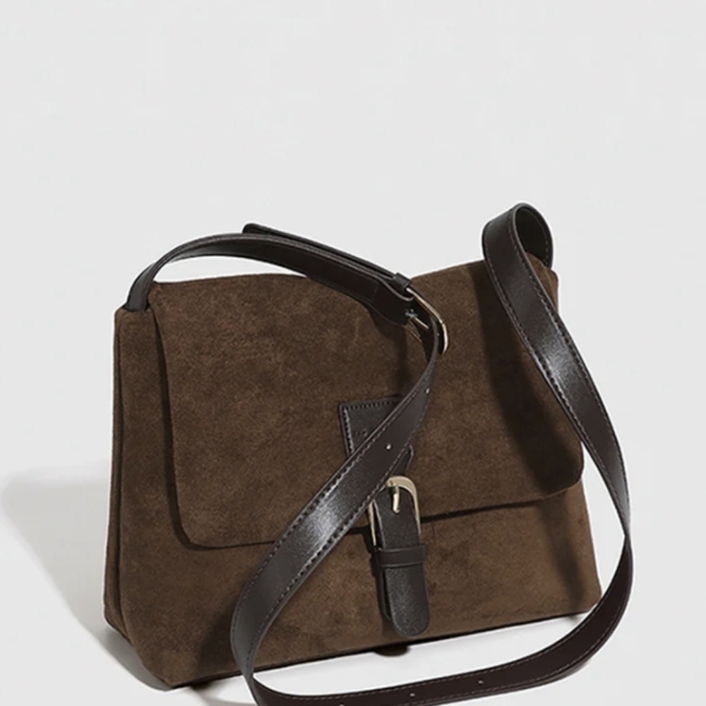 Commense Faux Suede Shoulder Bag  Buckle Strap Brown NWT - Picture 2 of 11